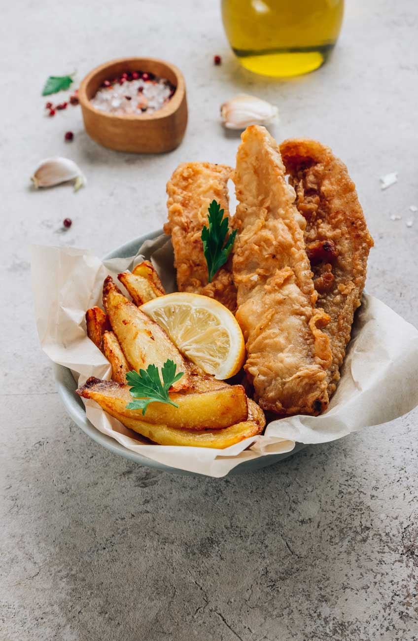 fish and chips with tartare sauce